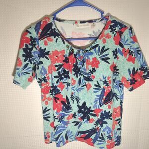 Rafaella M Womens Floral Top 100% Cotton Short Sleeve Scoop Neck Multicolor